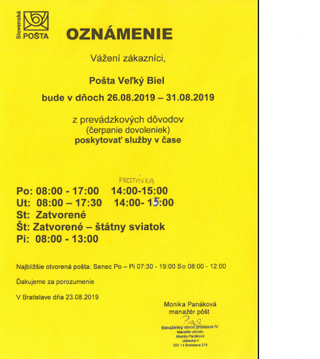 Slovenská pošta Veľký Biel otváracie hoditny